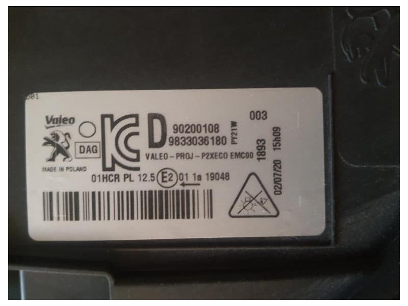 Proiettore ANT DX 9833036180 Peugeot 208 II 2019