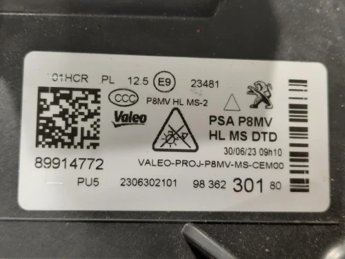 Proiettore ANT DX 98 362 301 8089914772 Peugeot 3008 II 2016