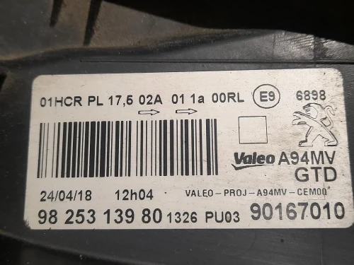 Proiettore ANT SX 9825313980 Peugeot 2008 I 2016