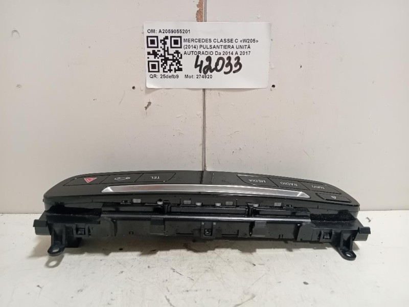 Pulsantiera Unità Autoradio A2059055201 Mercedes Classe C W205 2014