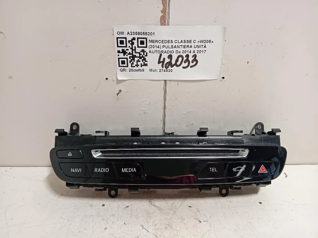 Pulsantiera Unità Autoradio A2059055201 Mercedes Classe C W205 2014