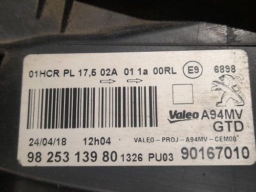 Proiettore ANT SX 9825313980 Peugeot 2008 I 2016