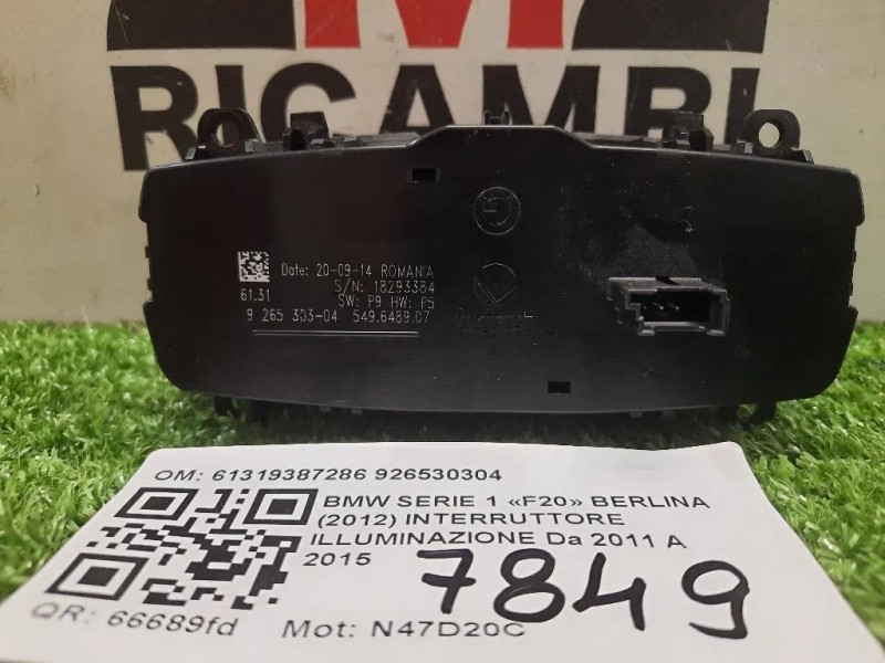 Interruttore Illuminazione 61319387286 926530304 Bmw Serie 1 F20 Berlina 2012