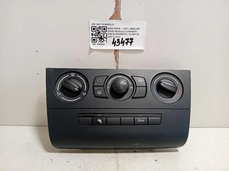 Modulo Comando Riscaldamento Clima 6411 9190922-01 Bmw Serie 1 E87 Berlina 2005