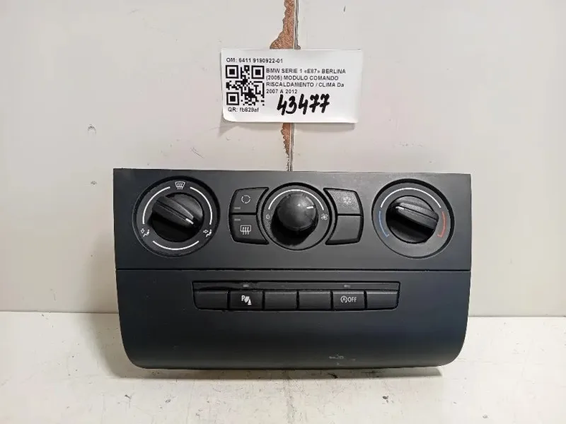 Modulo Comando Riscaldamento Clima 6411 9190922-01 Bmw Serie 1 E87 Berlina 2005