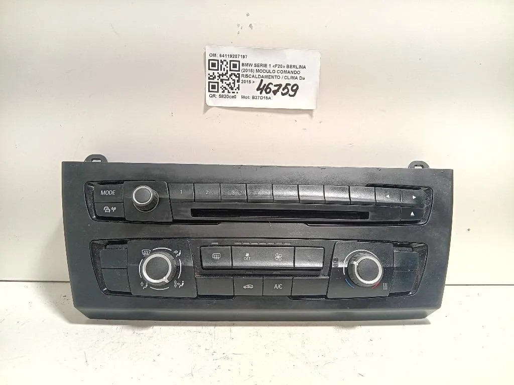Modulo Comando Riscaldamento Clima 64119207197 Bmw Serie 1 F20 Berlina 2015