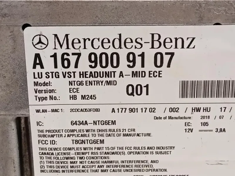 Unità Autoradio A1679009107 Mercedes Classe A W177 2018
