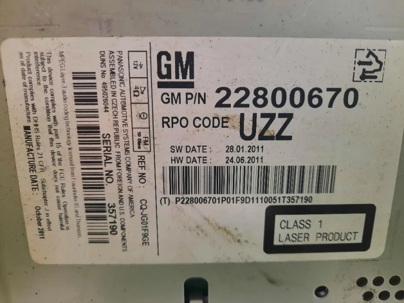 Unità Autoradio 22800670 Opel Astra J 2010