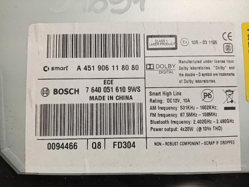 Unità Autoradio A451906118080 Smart Fortwo Cabrio 451 2010