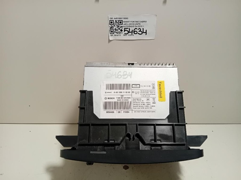 Unità Autoradio A451906118080 Smart Fortwo Cabrio 451 2010