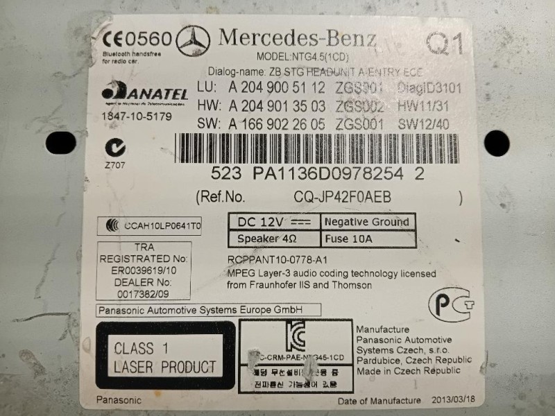 Unita DI Comando Multimediale A204 900 51 12 Mercedes Classe C W205 2014