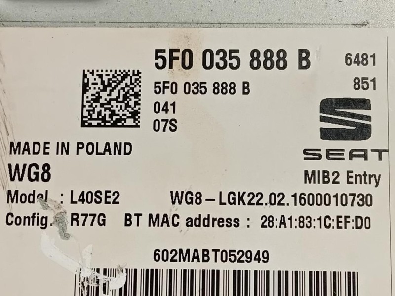 Unita DI Comando Multimediale 5F0 035 888 B Seat Toledo KG3 2013