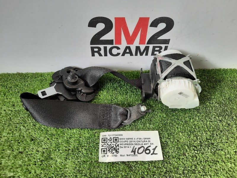 Cintura DI Sicurezza Sedile ANT DX 72117243308 Bmw Serie 4 F36 GRAN Coupe 2014