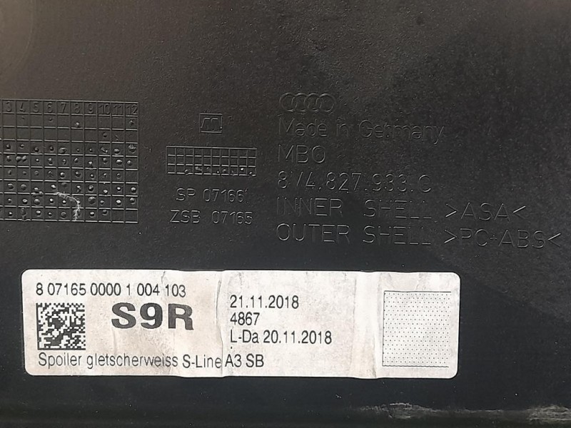 Spoiler Frangivento POST 3V4827933 Audi A3 8VF Sportback 2016