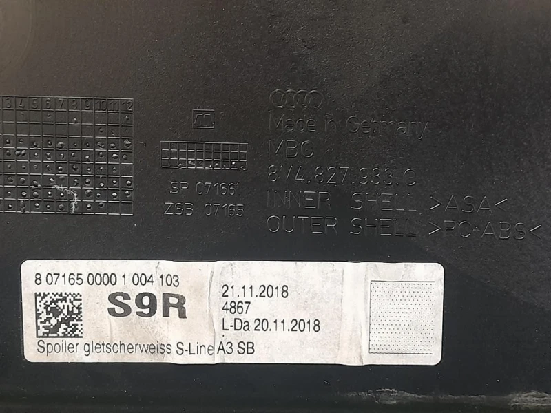 Spoiler Frangivento POST 3V4827933 Audi A3 8VF Sportback 2016