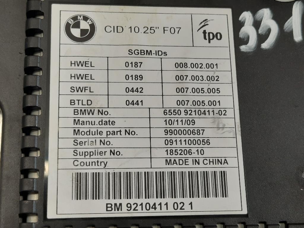 Display DI Navigazione 9210411 02 Bmw Serie 5 F07 GT 2010