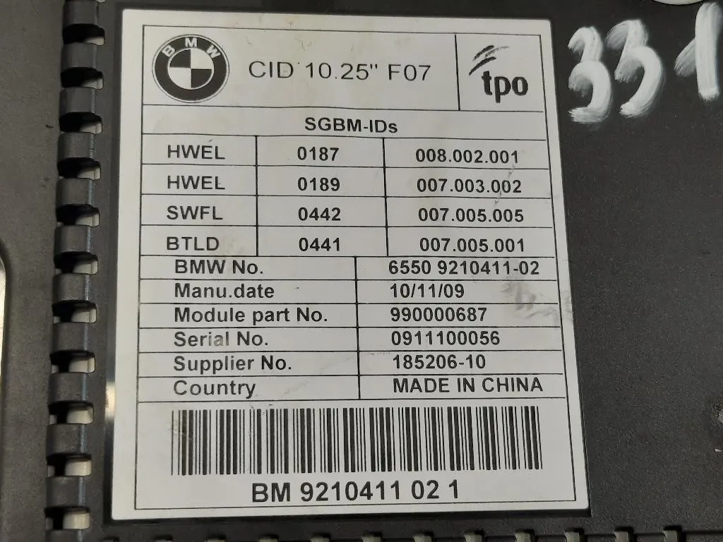 Display DI Navigazione 9210411 02 Bmw Serie 5 F07 GT 2010