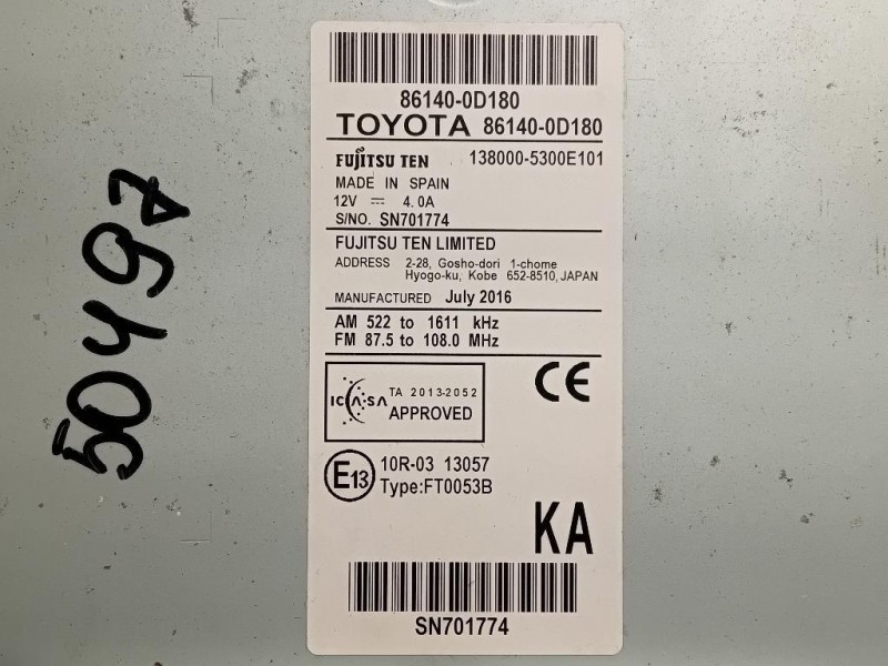 Display Multimediale 86140-0D180 Toyota Yaris IV 2014