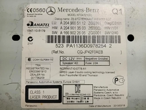 Unita DI Comando Multimediale A204 900 51 12 Mercedes Classe C W205 2014