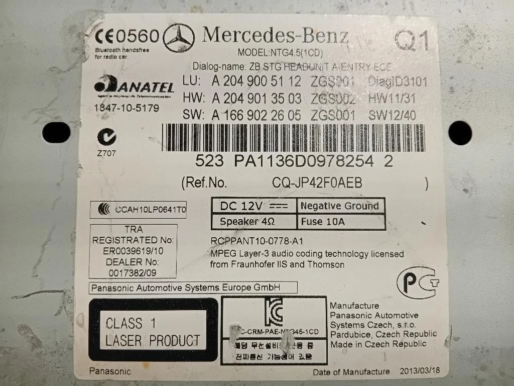 Unita DI Comando Multimediale A204 900 51 12 Mercedes Classe C W205 2014