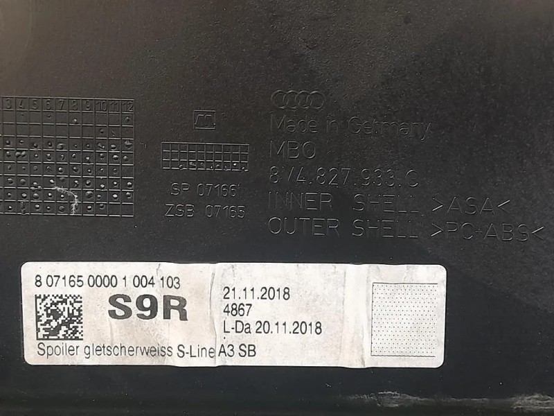 Spoiler Frangivento POST 3V4827933 Audi A3 8VF Sportback 2016
