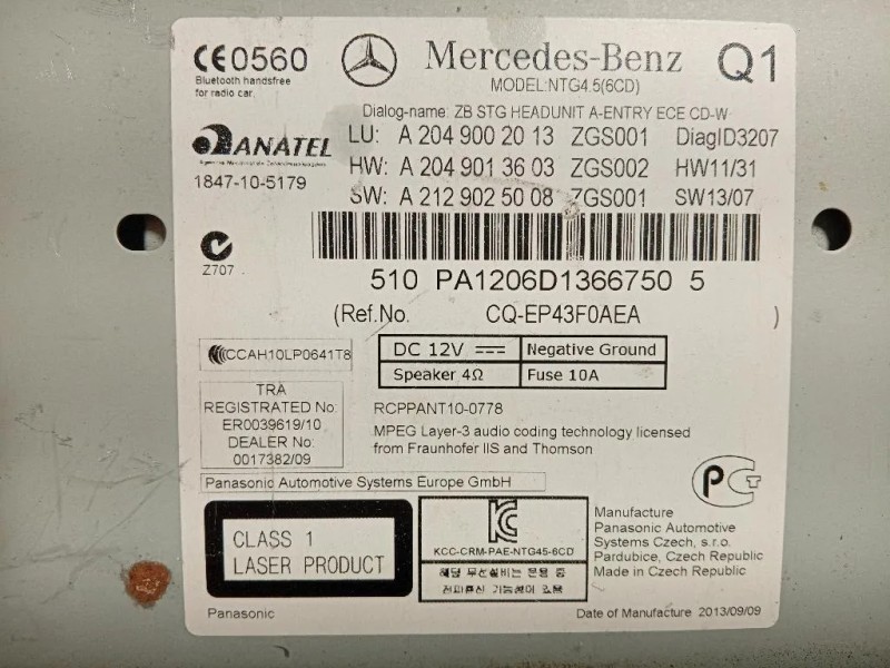 Unità Autoradio A2049002013 Mercedes Classe C W204 2011