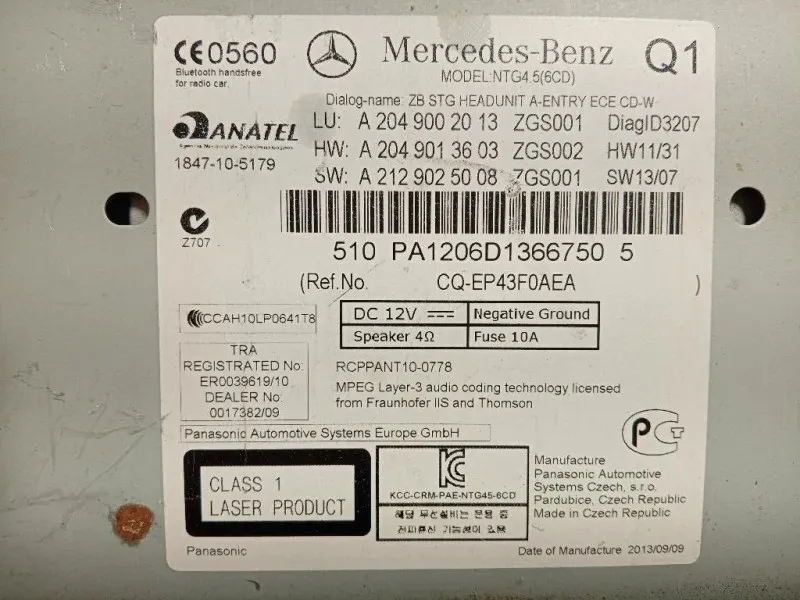 Unità Autoradio A2049002013 Mercedes Classe C W204 2011