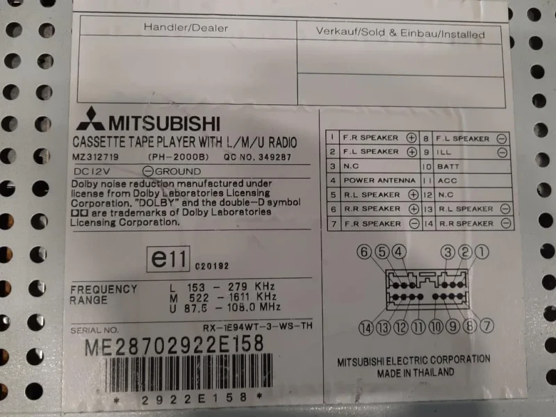 Unità Autoradio MZ312719 Mitsubishi Pajero III 2000