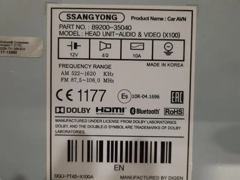 Unita DI Comando Multimediale 89200-35040 Ssangyong Tivoli 2015