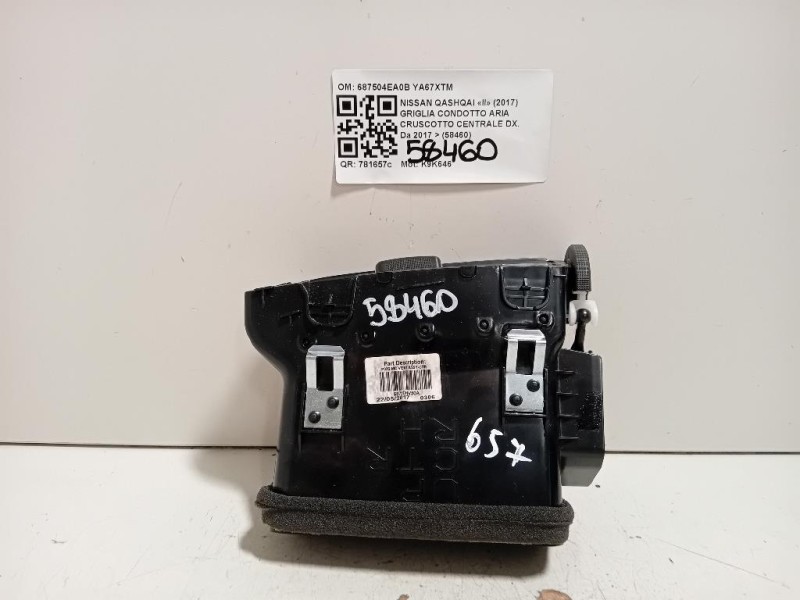 Griglia Condotto ARIA Cruscotto Centrale DX 687504EA0B Nissan Qashqai II 2017