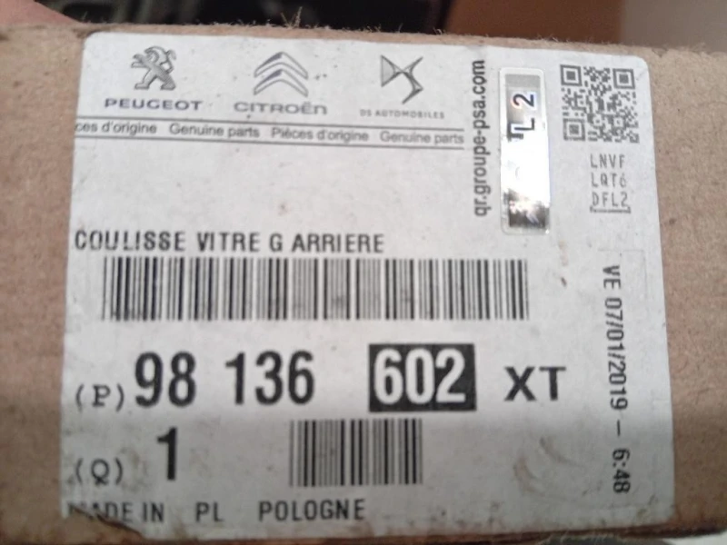 Canalina Scorrimento Cristallo Porta POST SX 98136602XT Peugeot 5008 II 2017