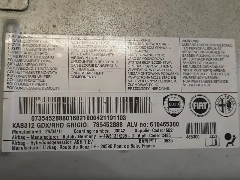 Air-bag Passeggero 735452888 Fiat 500 II 2008