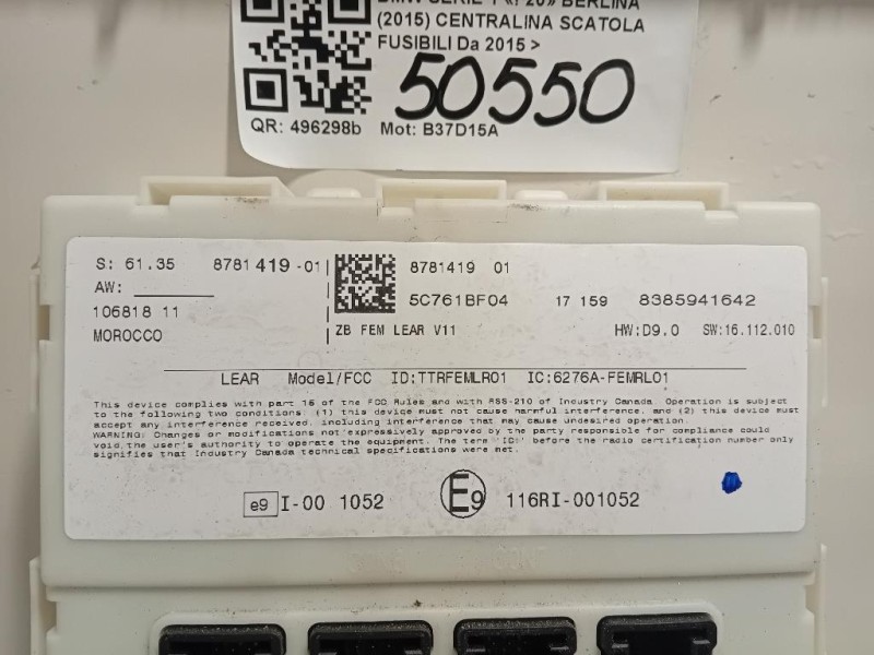Centralina Scatola Fusibili 61358781419 Bmw Serie 1 F20 Berlina 2015