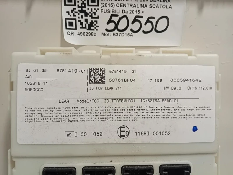 Centralina Scatola Fusibili 61358781419 Bmw Serie 1 F20 Berlina 2015