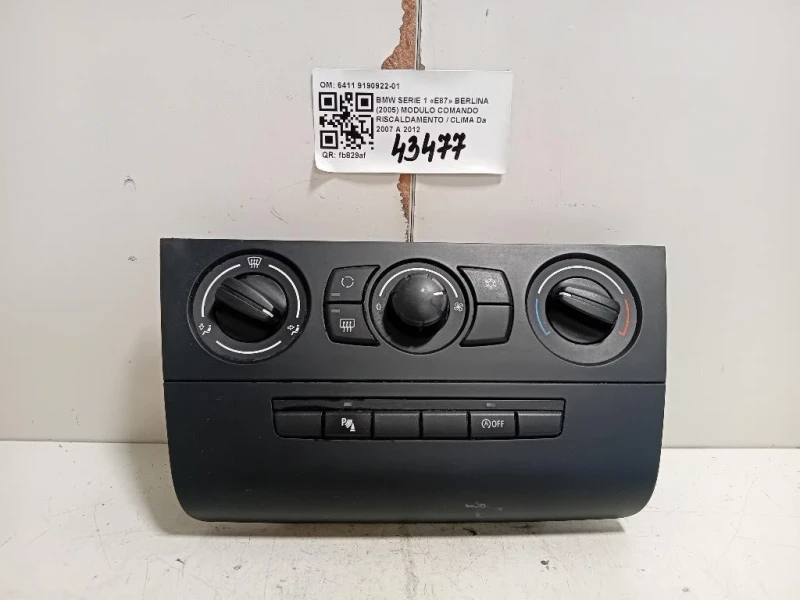Modulo Comando Riscaldamento Clima 6411 9190922-01 Bmw Serie 1 E87 Berlina 2005