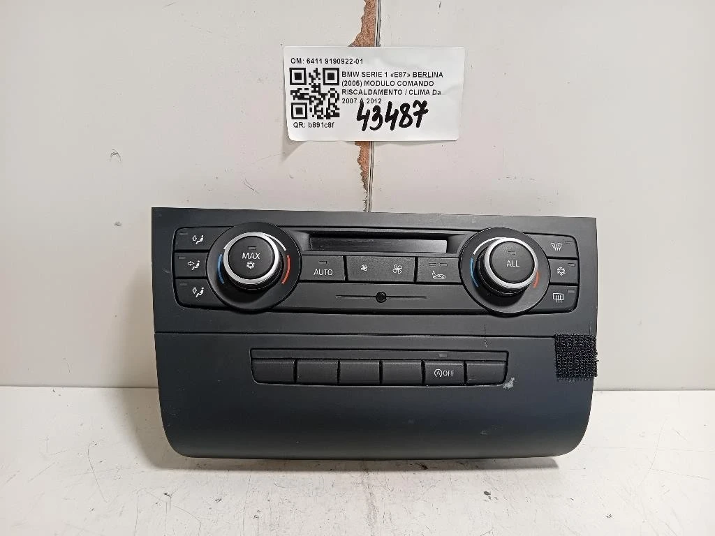 Modulo Comando Riscaldamento Clima 6411 9190922-01 Bmw Serie 1 E87 Berlina 2005