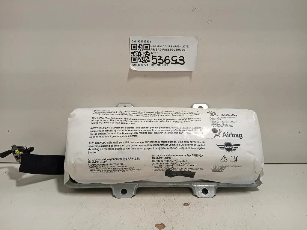 Air-bag Passeggero 926387603 Mini MINI Coupé R58 2012